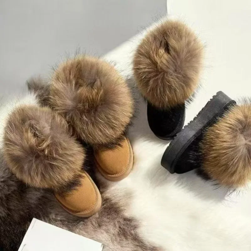 

Зимняя женская обувь, зимние пушистые женские плюшевые теплые зимние ботинки из искусственной лисы Мао, роскошная обувь, модная обувь из замшевой ткани для девочек