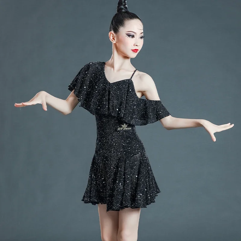 

Mid short Sleeve Lace Mesh Mordern Ballroom Dancing Dresses For Kids Sexy Salsa Tango Skirt Children Latin Dance Dress For Girls
