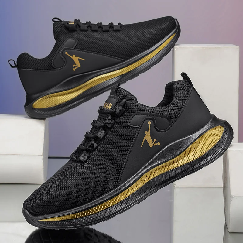 Men Running Sneakers Light Cushion Soft Sole Athletic Walking Shoes White Black Gold