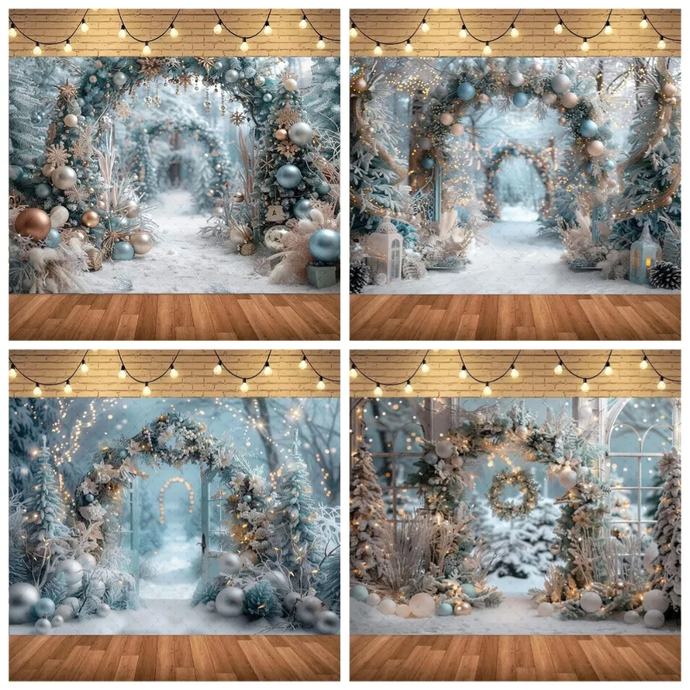 ฉากหลังถ่ายภาพธีมวันคริสต์มาสฤดูหนาว ซุ้มประตูวันเดอร์แลนด์ พร้อมต้นคริสต์มาส สำหรับงานปาร์ตี้ครอบครัว