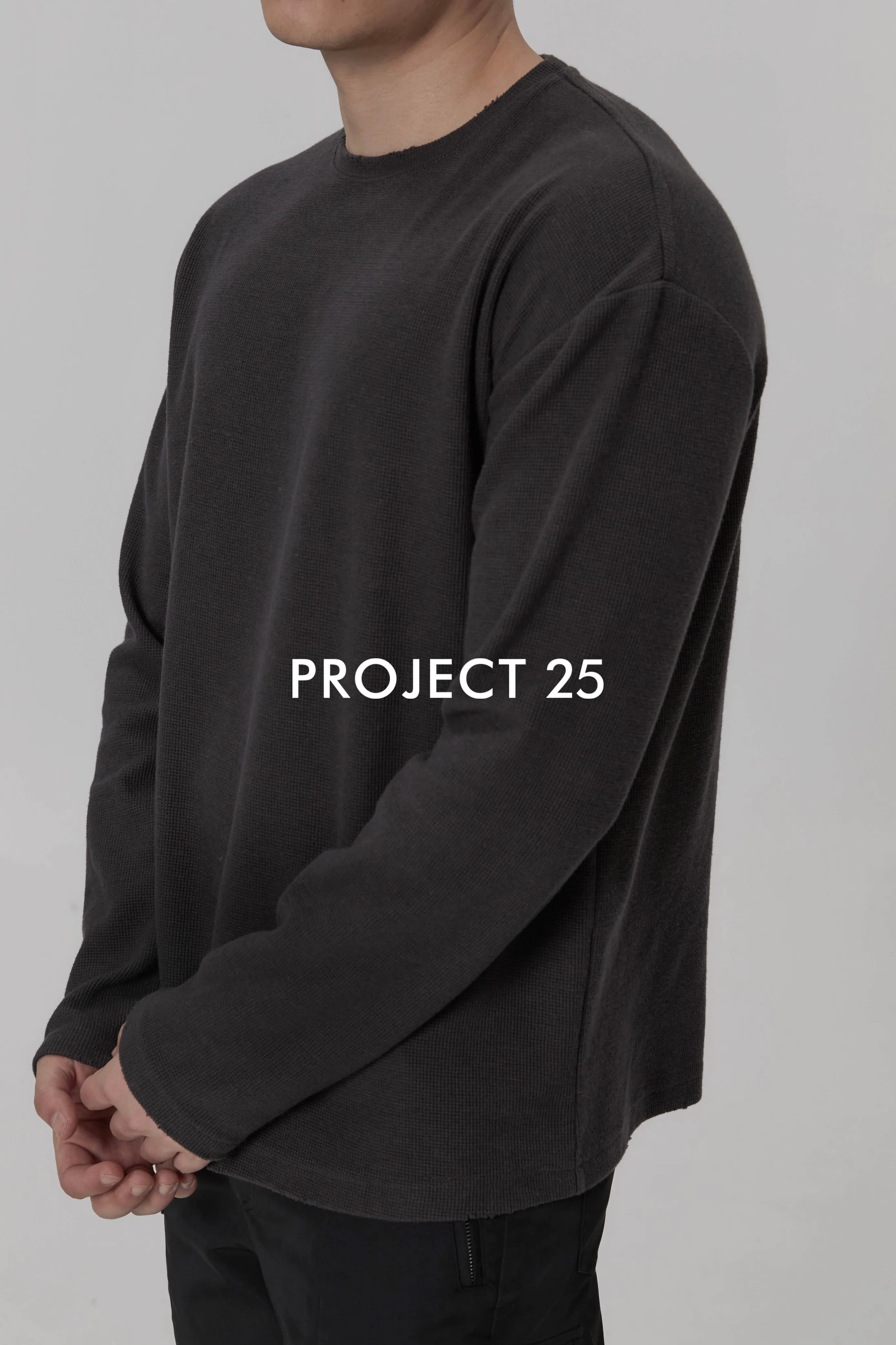 PROJECT 25 Men's Distressed Waffle Knit Long-Sleeve Crew Neck Drop Shoulder Relaxed Fit