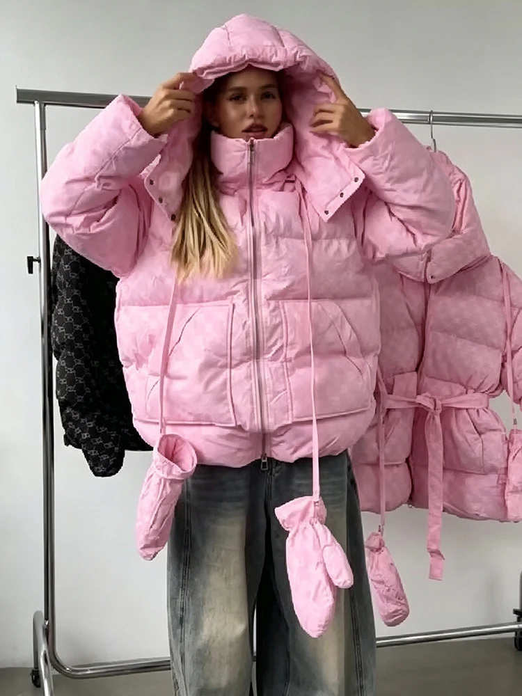 Chic Pink Patterned Hooded Coat Detachable Hood Zip Up With Belt Attached Gloves Loose Outerwear Women Casual Winter Daily Wear