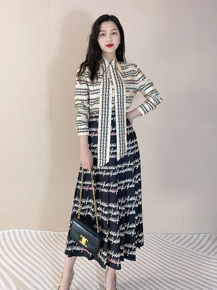 

Tangmi Home 19 Momme Silk Pleated Skirt Women's Knot Shirt Set High Quality Gauze Style Half-length Skirt