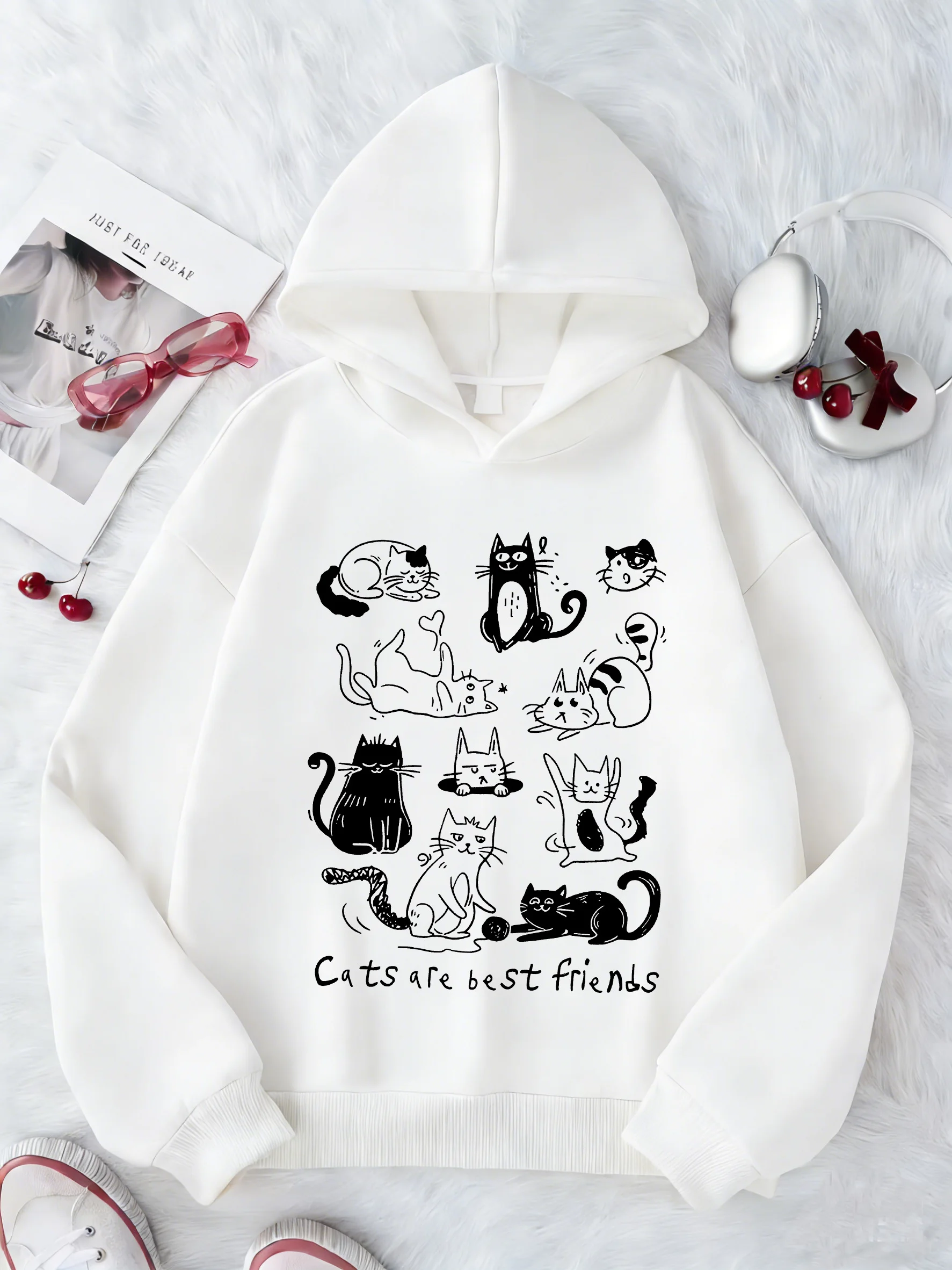 Vintage-Katzen-Hoodie „Katzen sind beste Freunde“ für Kinder, süßer Harajuku-Kapuzenpullover für Jungen und Mädchen, Herbst- und Frühlings-Freizeit-Hoodies