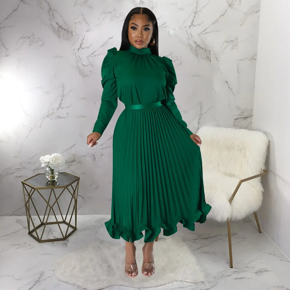 

Elegant Ruffles Long Dress Sets Button Puff Sleeve Tops New in Matching Sets Fall Winter Pleated Skirts Sets for Women 2 Pieces