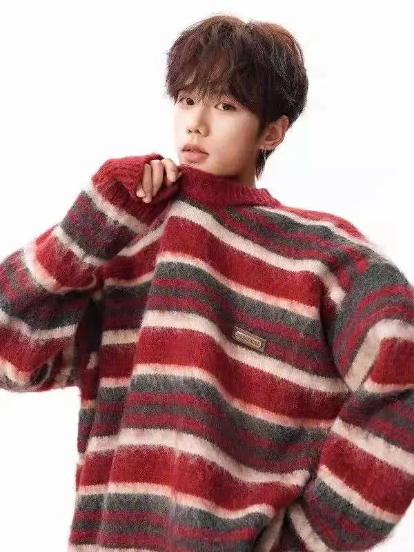 

American Stripe Color Blo round Ne Knitted Sweater Men Women Autumn Winter Lazy Sle Knitwear Cisas Red Top