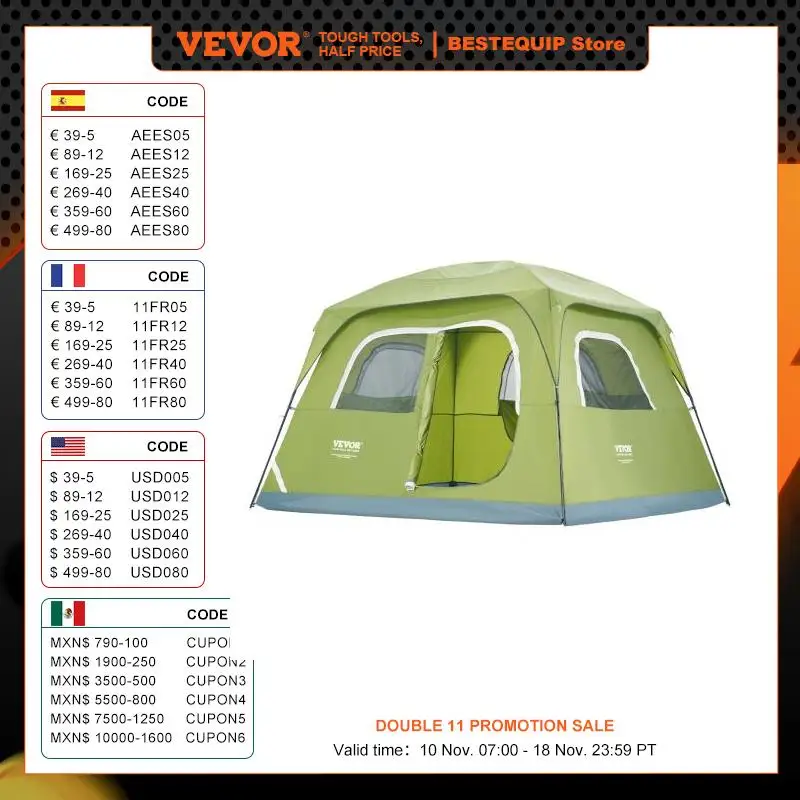 VEVOR 6 Person Outdoor Profession Fabric Tent Rainfly Waterproof Camping Tent Family Outdoor Instant Setup Tent with Carring Bag