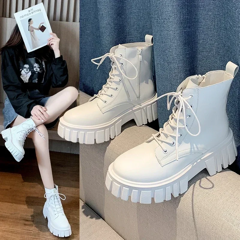 

Platform Ankle Boots Women Autumn Winter PU Leather Combat Booties Punk Thick Bottom Motorcycle Boots Side Zip Work Botas Mujer