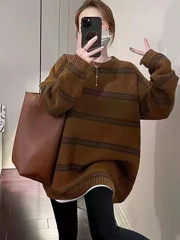 

plus Size Women's Vintage Striped round Ne Knitted Sweater Mid-Length Lazy Sweater Autumn Winter Meat Covering Slimming Top