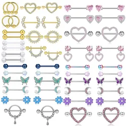 12PC/Set Stainless Steel Pink Heart Moon Nipple Piercing Kit Fashion Crystal Sexy Nipple Ring Body Jewelry Perforación Del Pezón