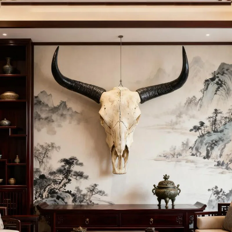 

Long Horn Bull Skull Decor with Curved Horns and Natural Bone for Western Rustic Wall Art Interior Design