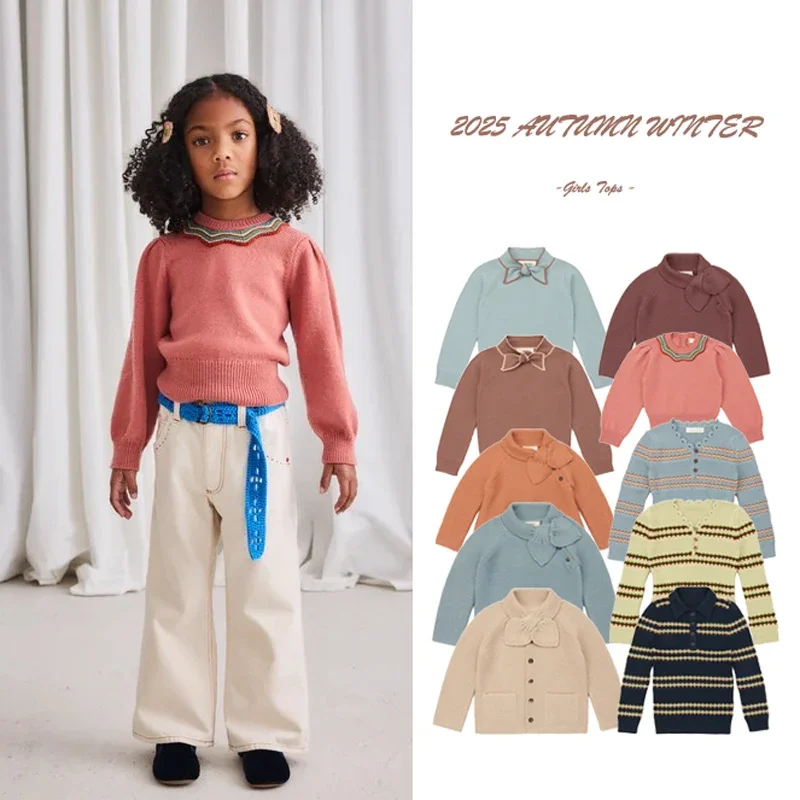 

Winter Sweater Knitwear for Baby Girls 2025 AW Brands Girls' Sweater Retro Tops with Bow Tie Children Outfit Kids Clothes 2-11Y