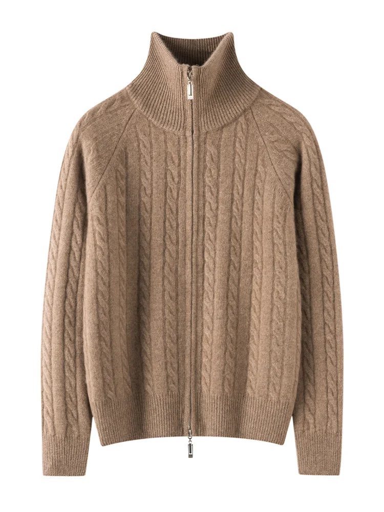 Sweter damski LOML ze 100% kaszmiru, rozpinany na podwójny zamek, golf, gruby sweter-płaszcz, miękki, dzianinowy w warkocze, wygodny top na jesień i zimę.