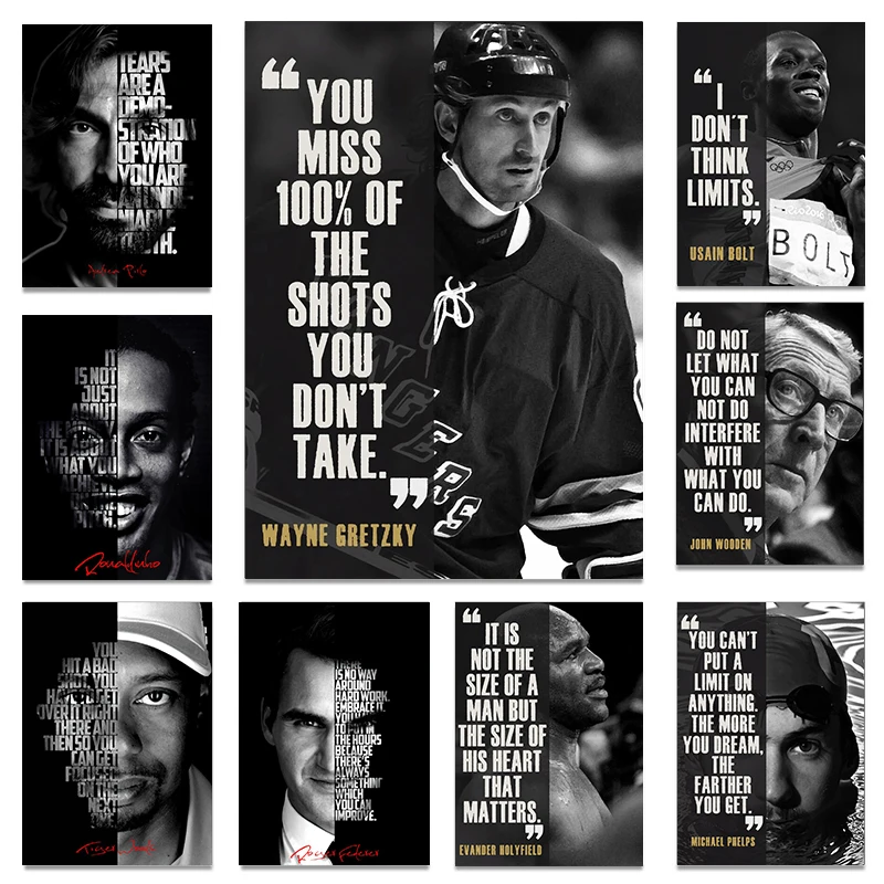 Quotes of Sports Legends Poster Wayne Gretzky John Wooden Michael Phelps Canvas Painting Prints Wall Art for Gym Room Club Decor