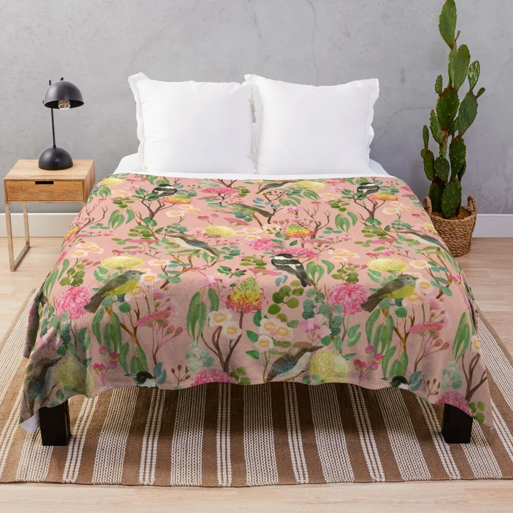 Australian Birds and Blooms Native Flora Chinoiserie Throw Blanket Multi-Purpose heavy to sleep Blankets