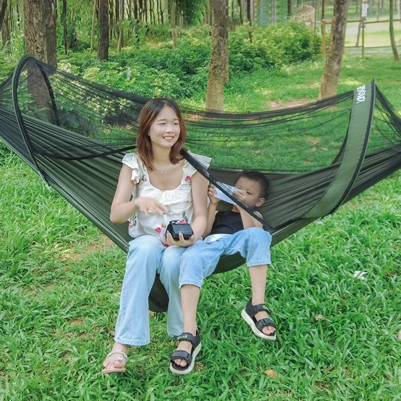 Outdoor camping nylon hammock Single double automatic quick opening pole mosquito net hammock quick opening mosquito hammock