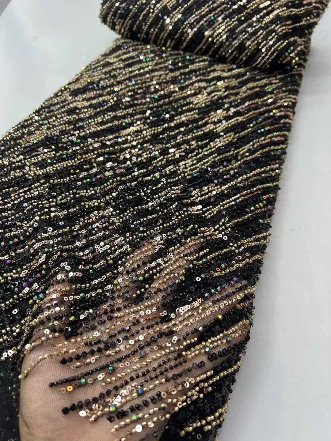 

Black African Lace Fabric 2025 Handmade Beaded Lace Fabric France Sequins Nigerian Embroidery Bridal Mesh Lace Fabric For Sewing
