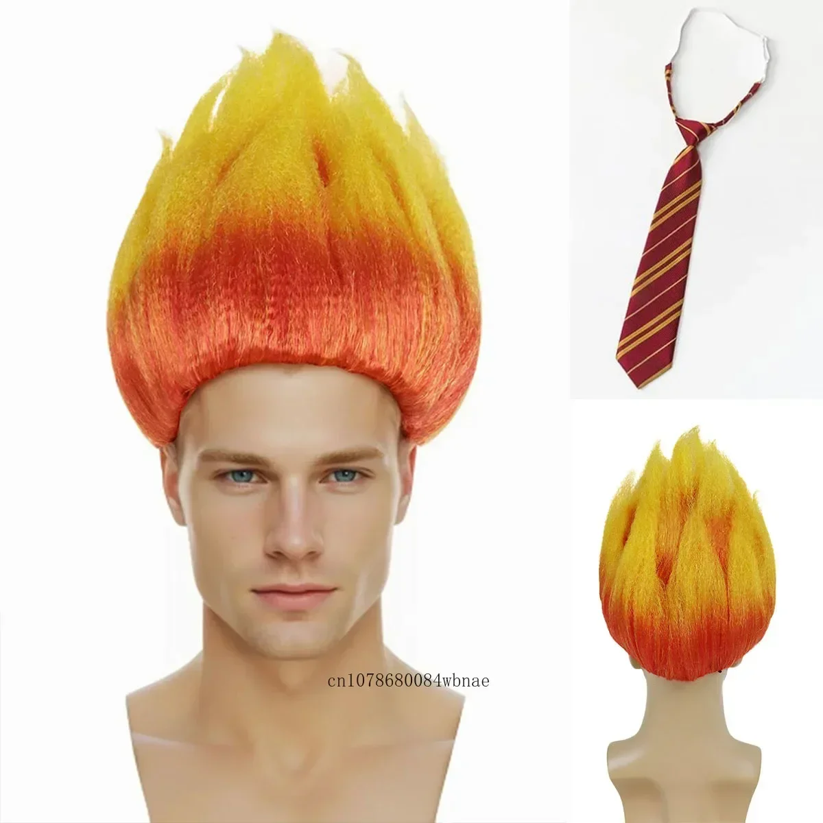 Orange Yellow Flame Synthetic Cosplay Wigs with Necktie Short Anime Fire Fun Wig for Men Halloween Dress Up Party Costume Use