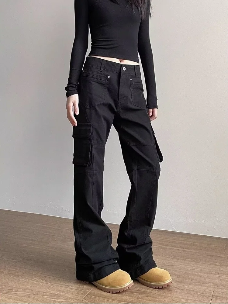 2025, Cyber Y2K Mode Schwarz Slim Flare Cargo Jeans Hosen Für Frauen Kleidung Multi Taschen Kleid Dame Lange Hosen Ropa Mujer