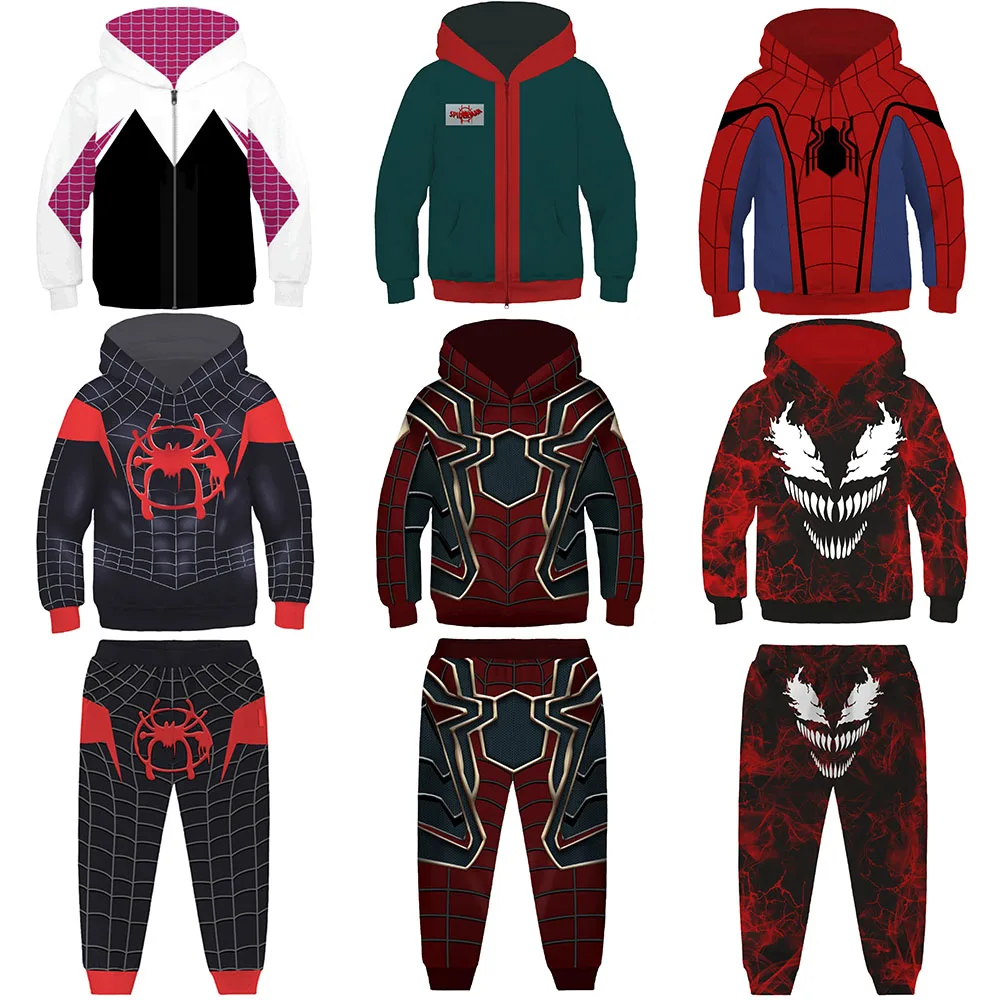 Spider-Man wen Miles Morales Zip Up felpe con cappuccio Spider-Verse Venom 3D felpe con cappuccio Superhero Boys Girls Outwear Jacket Pants
