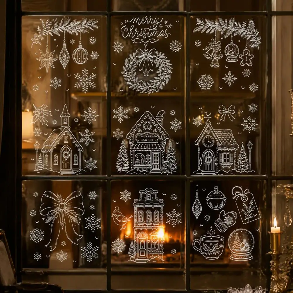 White Line Christmas Decor Reusable Holiday Window Decals 9pcs Christmas Window Clings Set Reusable Static Glass for Holiday