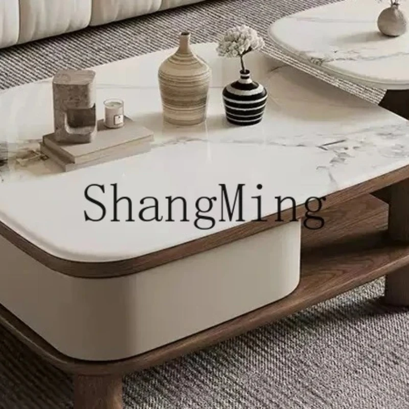 

Квадратный кофейный столик из микрокристаллического камня в средневековом стиле, легкий люкс, для гостиной, с вращающейся подставкой для хранения, комбинированный.