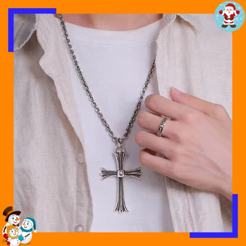 Trendy Brand New Necklace Label Retro Large Cross Flame Sword Pendant Letter Necklace Classic
