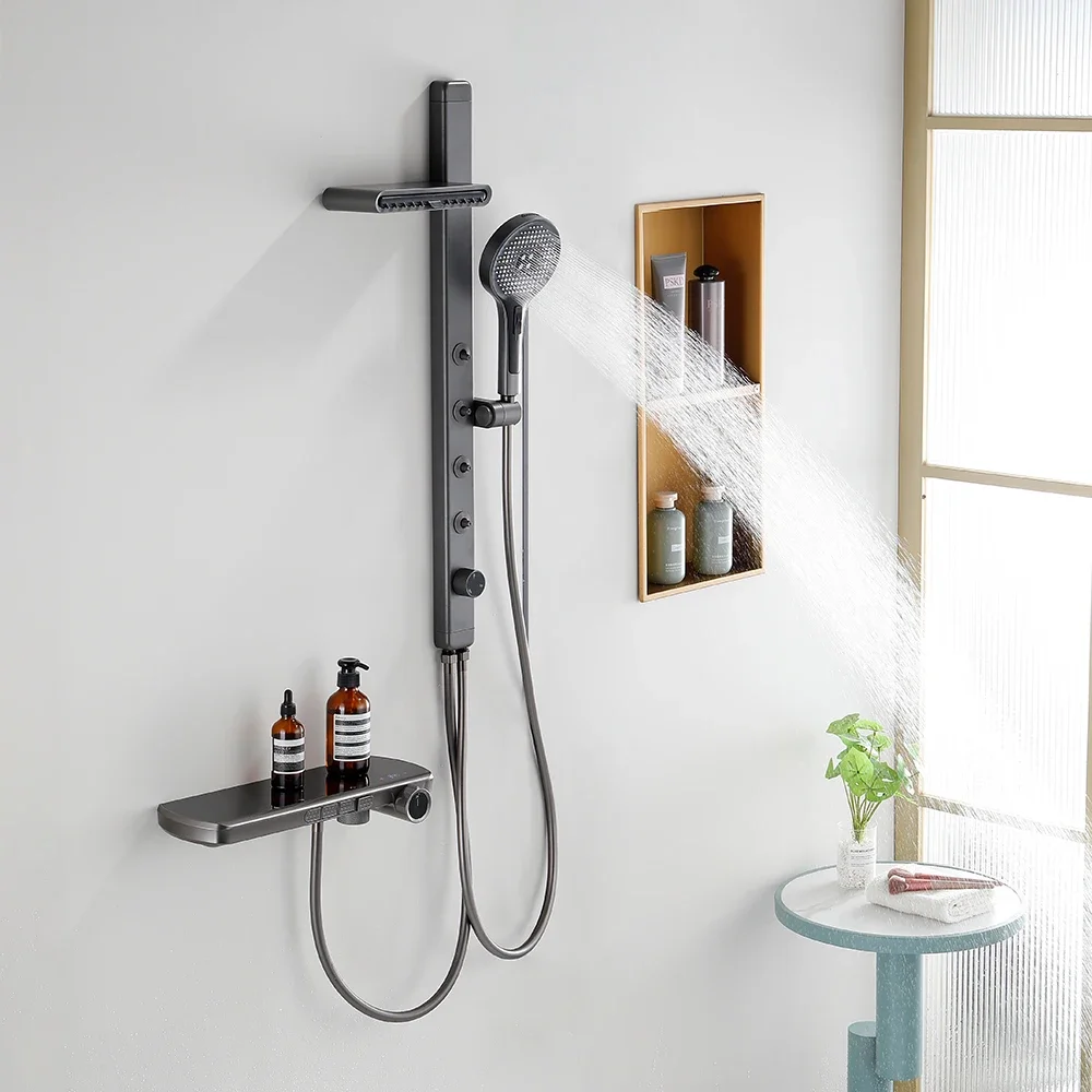 SKOWLL Full Copper Multifunctional Shower Set with Rain Shower Handheld Shower and Storage Shelf