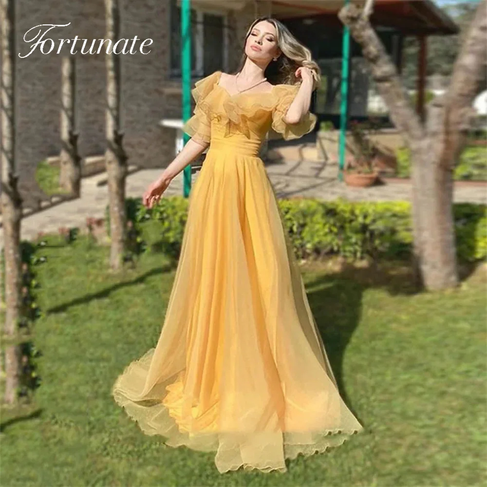 

Fortunate Simple Yellow A-line Tired Tulle Prom Dresses Square Neck Short Sleeves Elegant Floor Length Puff Sleeves Evening Gown