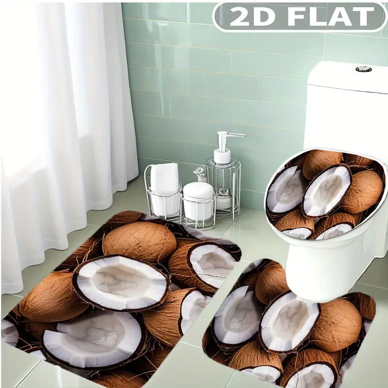 

3pcs Bathroom Rug Set Coconut Print Design Bathroom Set Non-Slip Includes Bath Rug Contour Mat and Toilet Lid Cover Mat