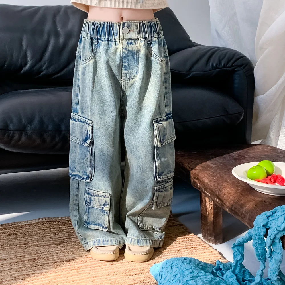 

Straight Leg Pants Childrens Spring Girls Korean Retro Style Multiple Pockets Cowboy Children Loose Fitting Leisure