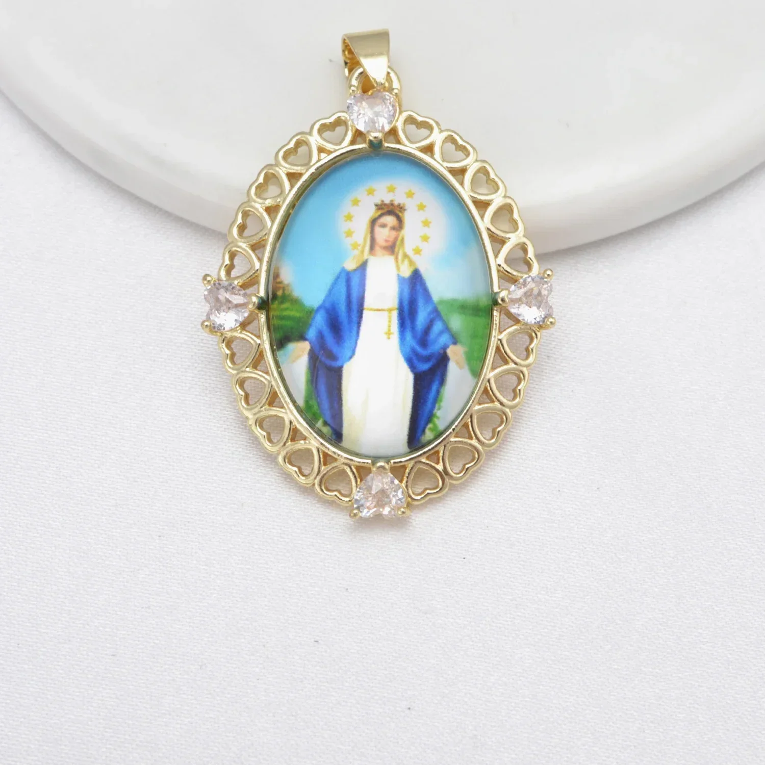 8 Pcs Jesus Virgin Mary Pendant DIY Necklace Jewelry Making Heart Hollow Gold Rim Oval Accessories Christian Brass Plated Charms