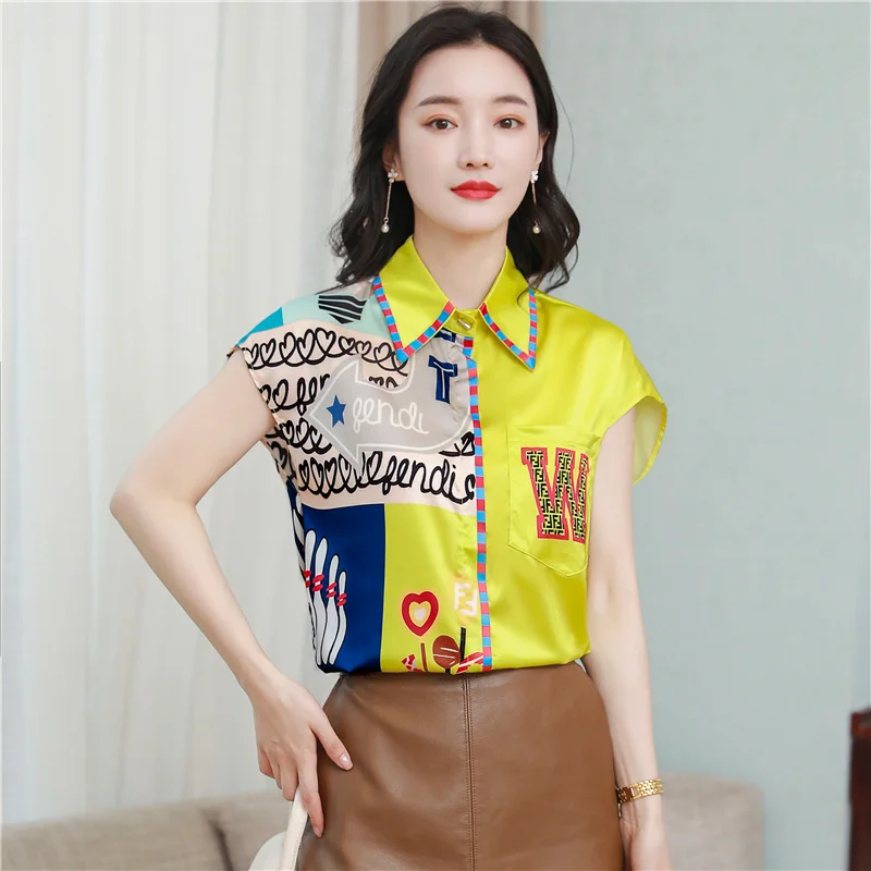 

Short Sleeve Casual Office Lady chiffon Silk Shirts Tops Japan Korean Style 2022 Summer Blouse Shirt For Women Fashion Printing