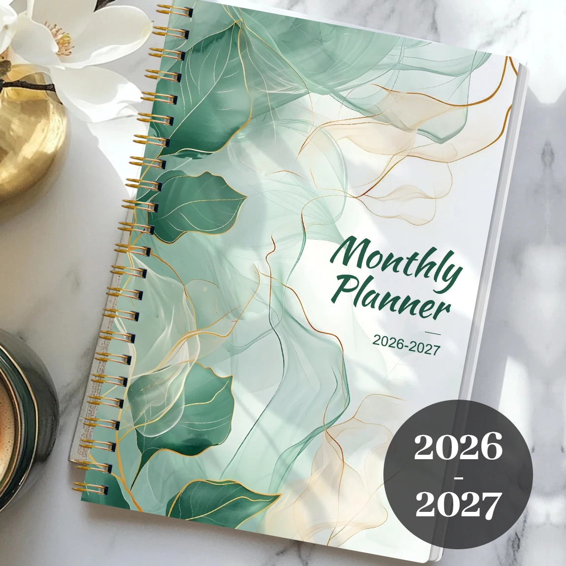 2026-2027 مخطط شهري A5، ملزمة حلزونية، غطاء ألوان مائية على شكل أوراق خضراء، منظم تقويم لمدة 24 شهرًا مع ورق سميك غير منتفخ