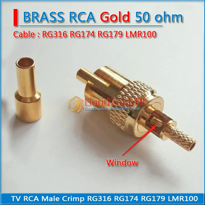 1X Pcs RF Coax Connector Socket RCA Male Window Plug Crimp for RG316 RG174 RG179 LMR100 Cable RF Coaxial Adapter Straight GOLD