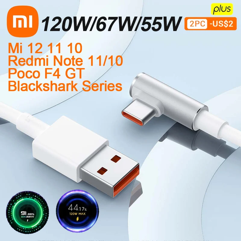 Original Xiaomi Cable 120w 6.5A Turbo Charger Usb C Cabos Elbow 90 Degree Fast Charge Redmi Note 10 Mi 11 12 Poco Blackshark 5