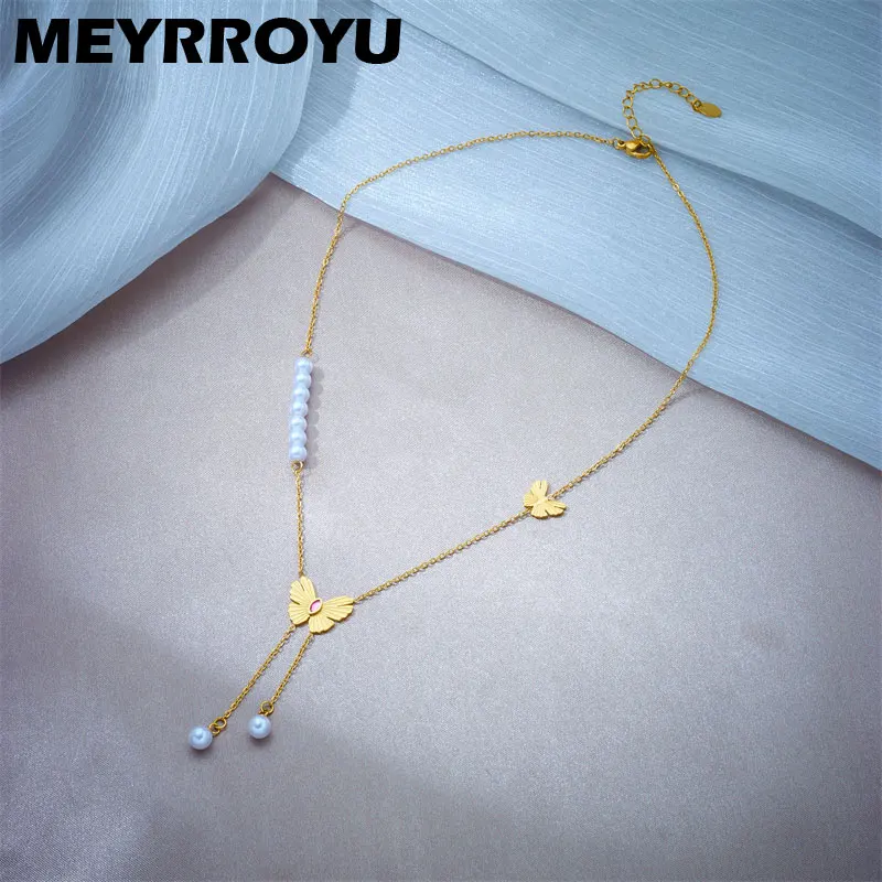 MEYRROYU 316 Stainless Steel Freshwater Pearl Butterfly Pendant Necklace For Women Fashion Animal Jewelry Birthday Gift