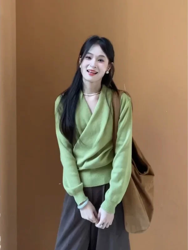 

Корейская трикотажная основа Sle een Cross V-Ne Long Sve, женский зимний дизайн, красивый топ с внутренней частью, повседневная одежда