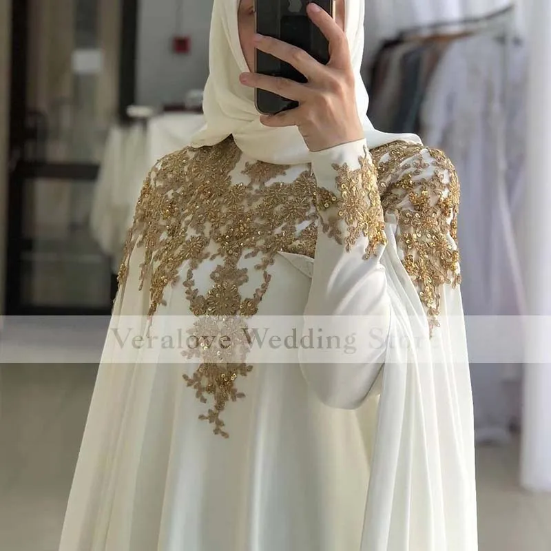 Long Sleeves High Neck Muslim Evening Dress Gold Appliques Abiye Elbiseleri Prom Caftan Vestido De Fiesta De Boda Customized