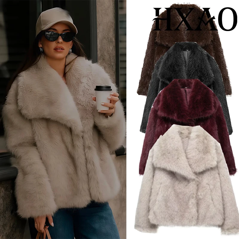 

HXAO Faux Fur Coats For Woman Fluffy Cropped Winter Coat Female Warm Long Sleeve Black Brown Jacket Women Button Plush Jacket