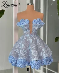 Fashion Blue Handmade Flower Cocktail Dresses For Women Wedding Party Dress Aso Ebi Lace Floral Birthday Prom Gowns Custom Made