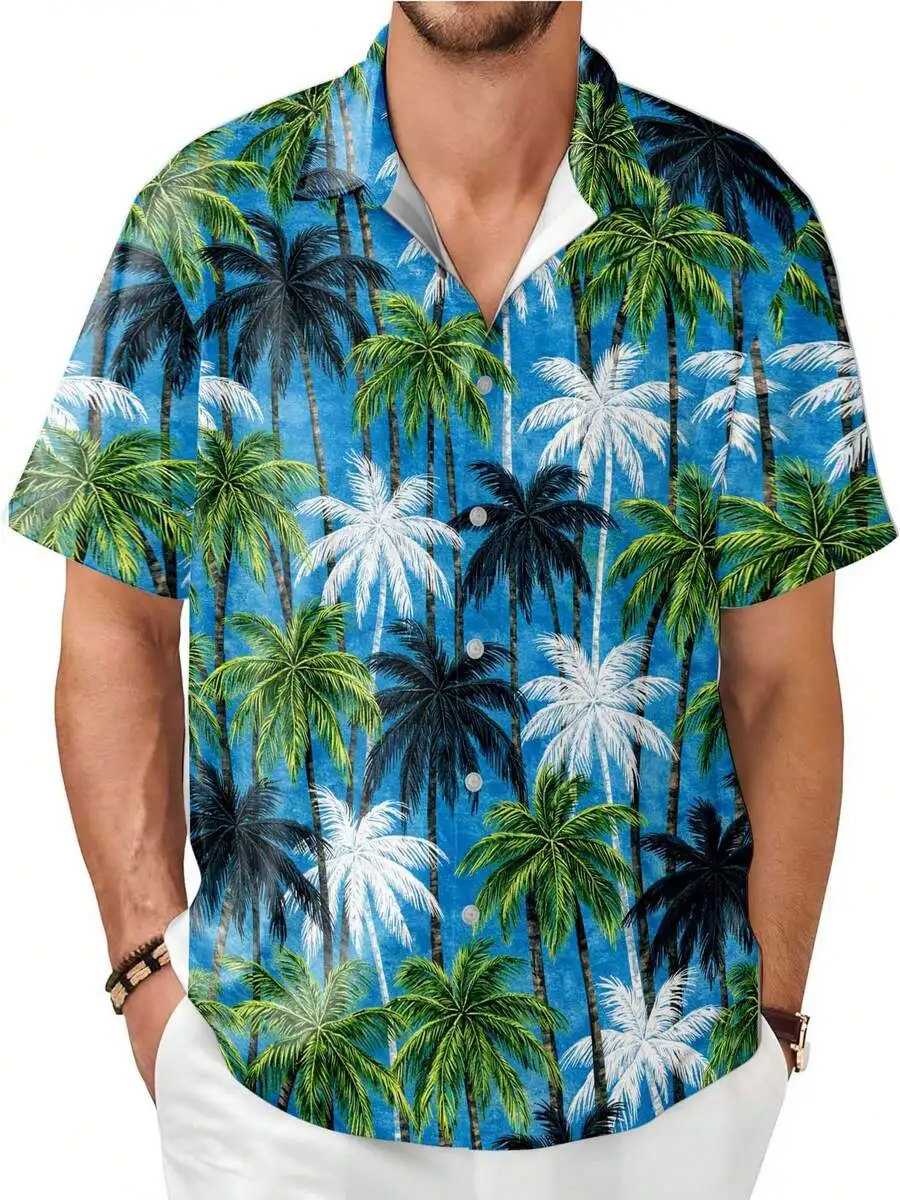 

Mens Palm Tree Print Blue Short Sleeve Button Down Hawaiian Shirt Summer Beach Casual Top