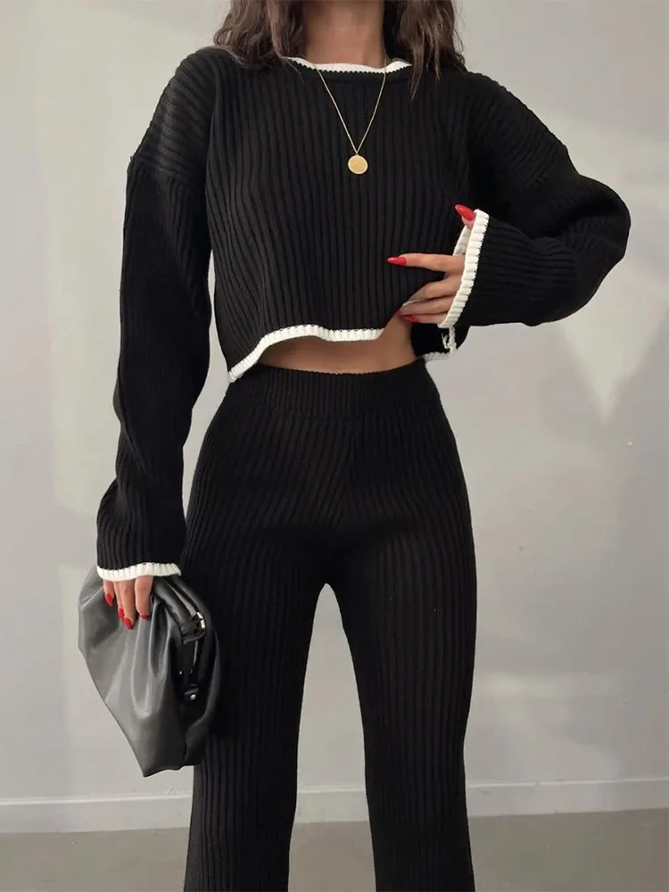 Women Sweater Flare Pant Set Casual Pullovers Long Sleeve Suits Autumn Winter Knitted Elegance Sexy Tops Elastic Sweaterpants