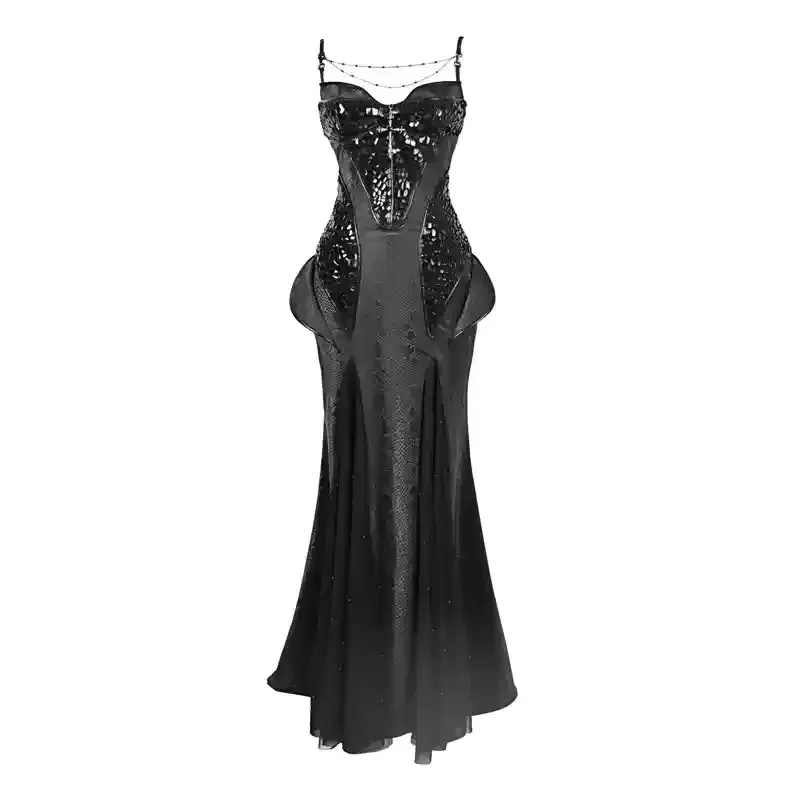 FallenVex Store Ladies Black Gothic Snake Print Satin Slip Dress Sleeveless Stretchy Slim Trumpet Floor Length Evening Party
