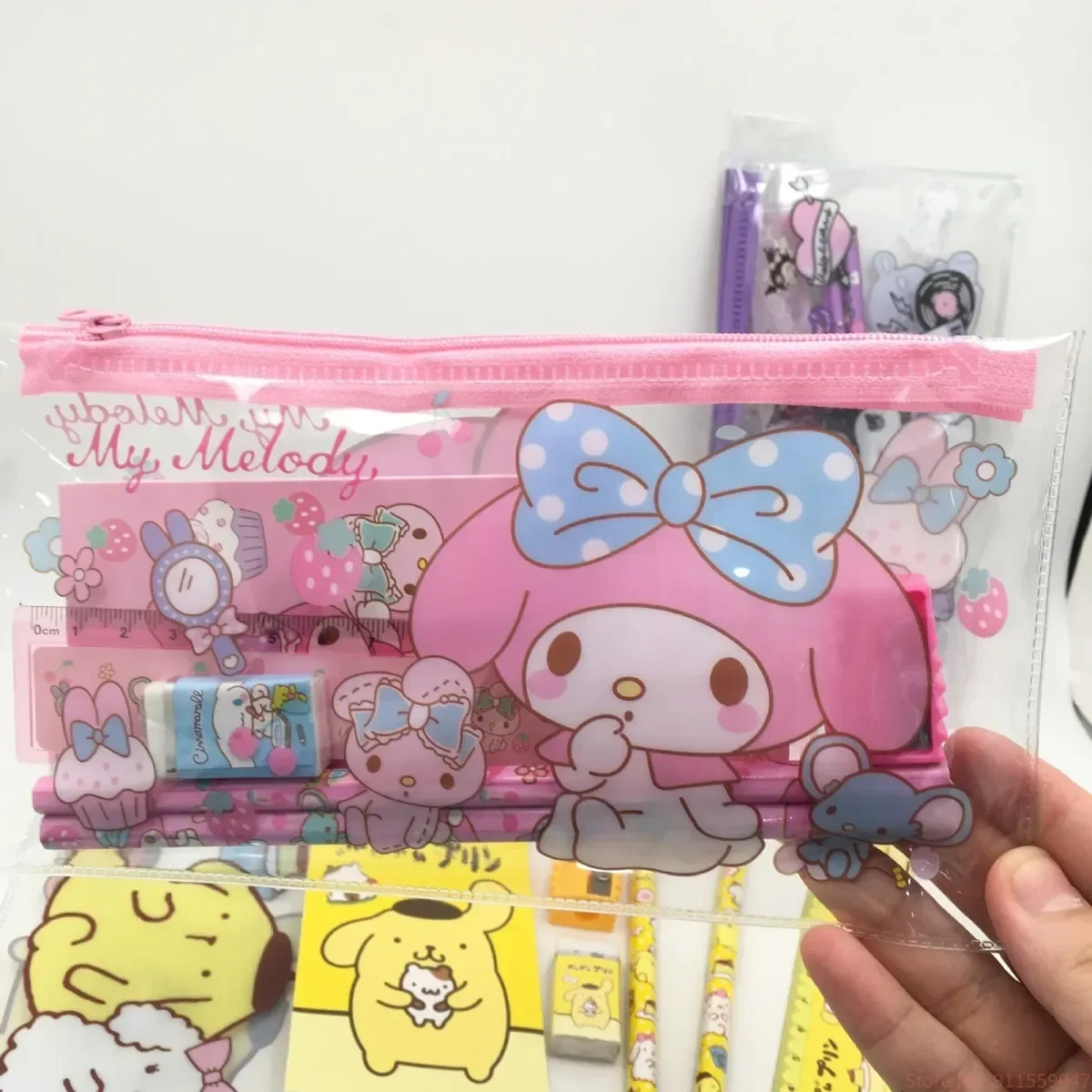 24pcs Cartoon Cute Sanrio Pencil Ruler Pencil Sharpener Notepad Eraser Stationery Set Zipper Bag Student Supplies Wholesale