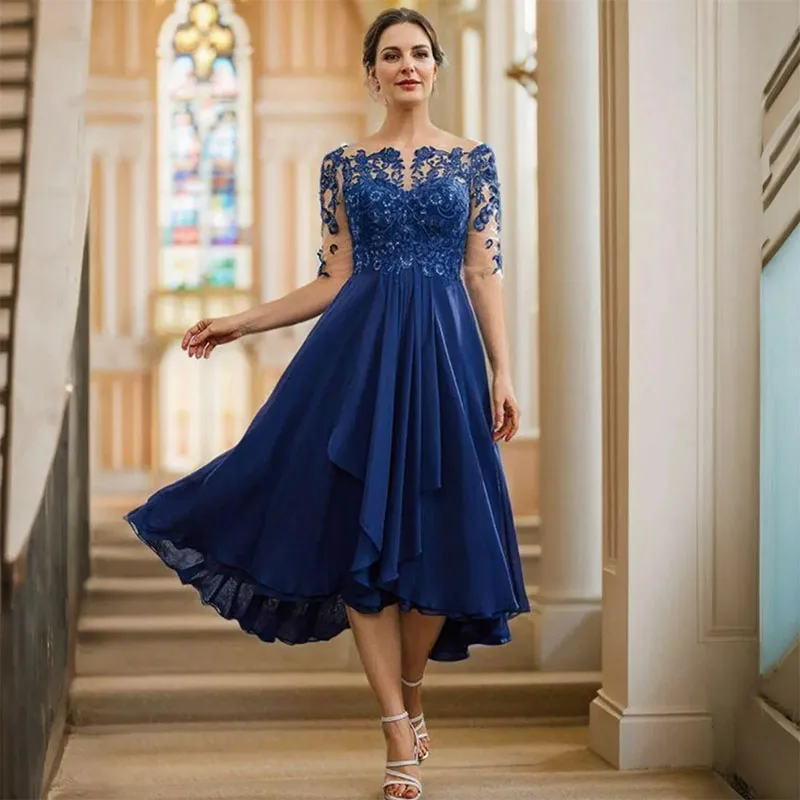 

Elegant Royal Blue Tea-Length Mother of the Bride Dress Half Sleeves Mother's Dress Lace Appliqued Wedding Guest Dresses