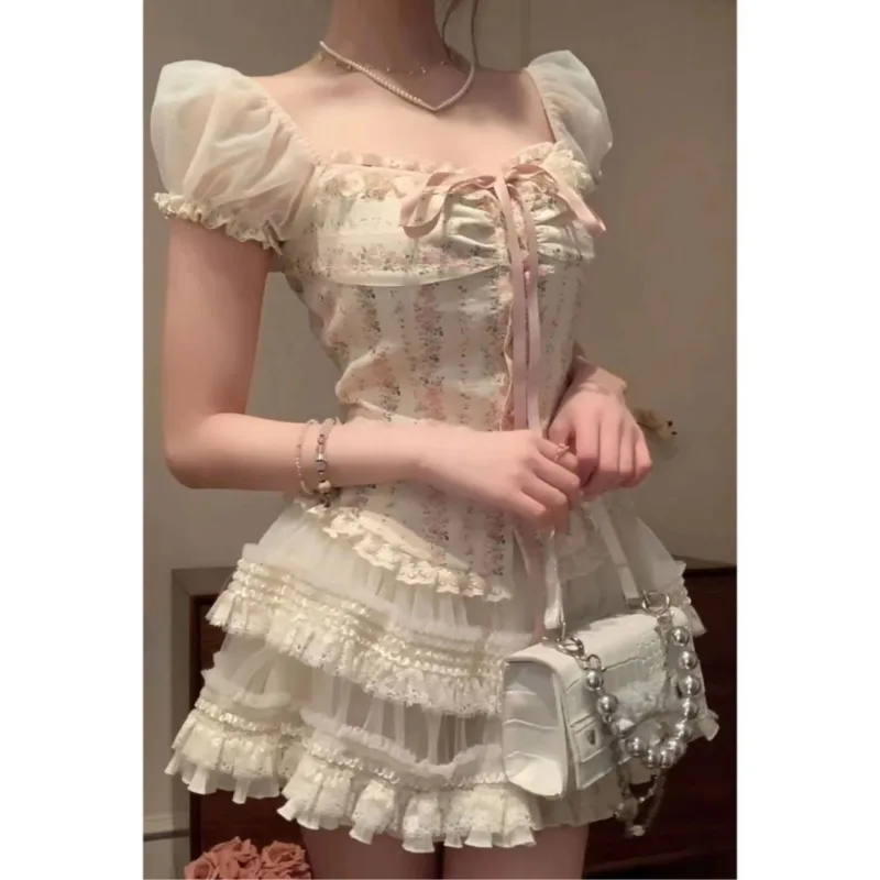 

2000s Vintage Japanese Kawaii Suits Lolita 2 Piece Skirt Set Women Even Party Clothing Casual Y2k Crop Top Blouse + Slim Skirts