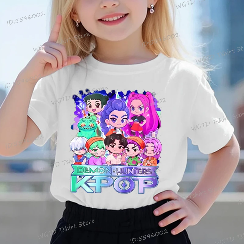 

Мягкая хлопковая футболка для маленьких девочек и мальчиков KPop, крутая детская футболка с героями мультфильмов «Охотники на демонов», одежда в стиле Харадзюку для маленьких девочек, хлопковые летние топы