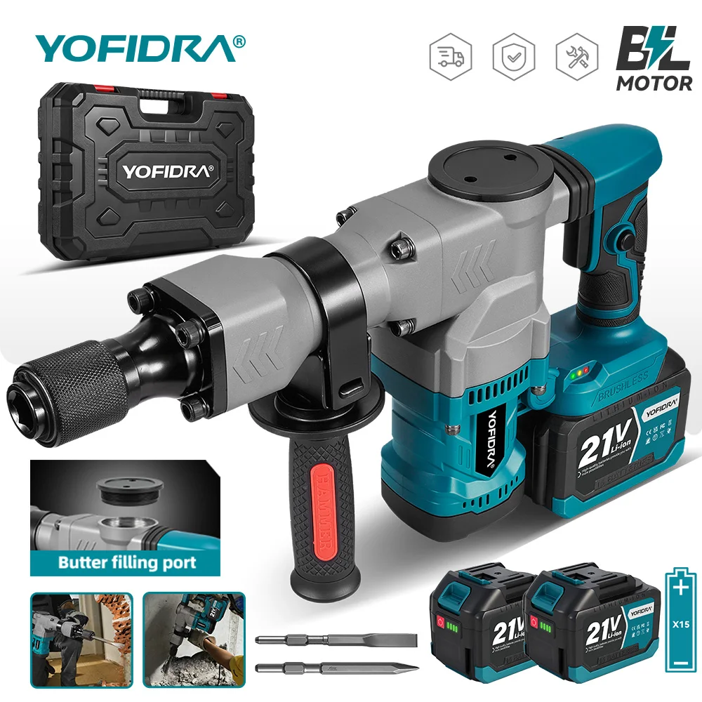 YOFIDRA 6000W Bürstenloser Elektrischer Abbruchhammer Schlagbohrmaschine Multifunktions-Schraubendreher Bohrwerkzeug für Makita 21V Akku