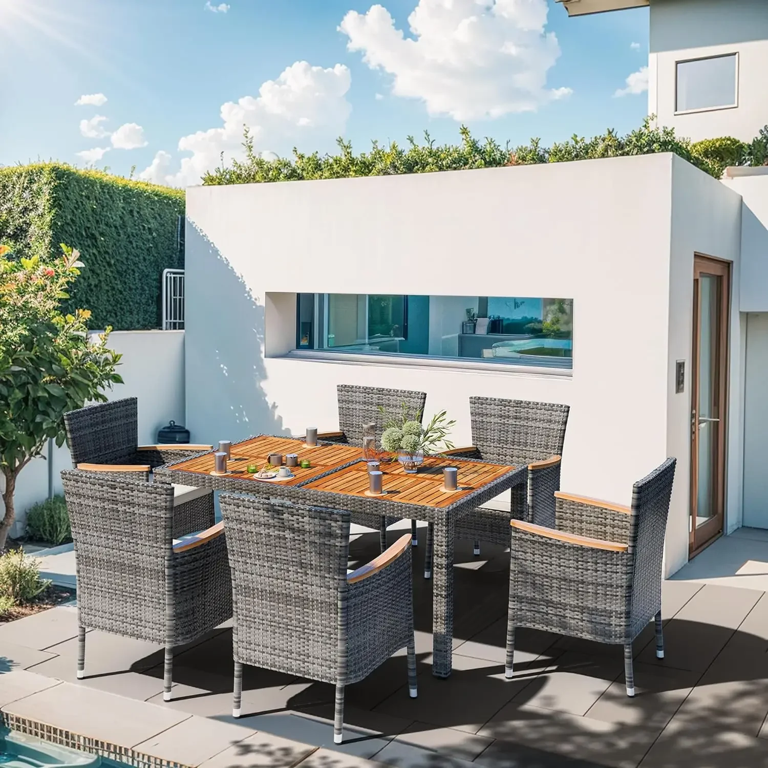 

-for 7 Piece Patio Dining Set, Wicker Patio Conversation Set with Wood Table Top, Outdoor Table and Chairs with Soft Cushi